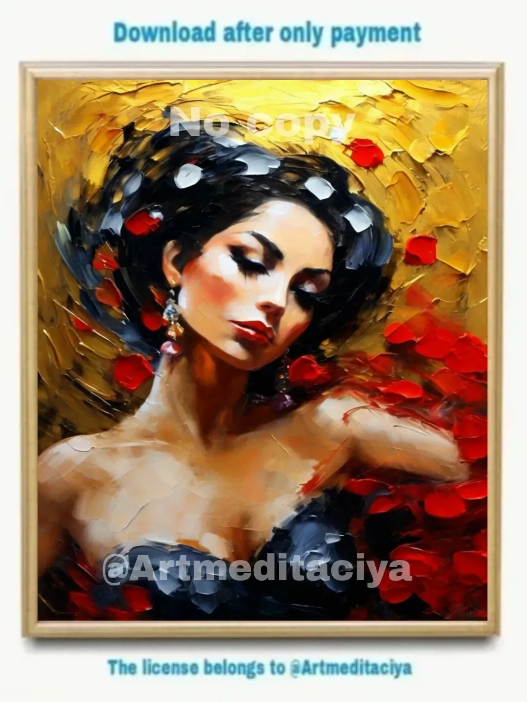 Digital abstract 3d textured painting "Dancing Carmen" in impasto style, painted with a palette knife in oil on an abstract gold background with red petals, is an image of a dynamic Spanish brunette with fluffy eyelashes in a black neckline