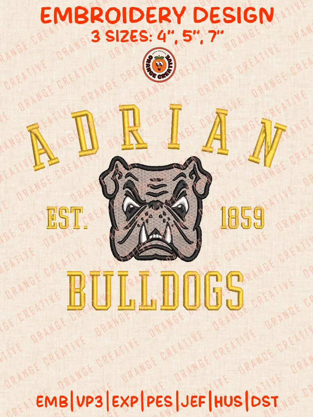 NCAA Adrian Bulldogs Est 1859 Logo Embroidery Files, Sport Embroidery Designs, NCAA Adrian Bulldogs Embroidery, College Team Designs, Digital Download