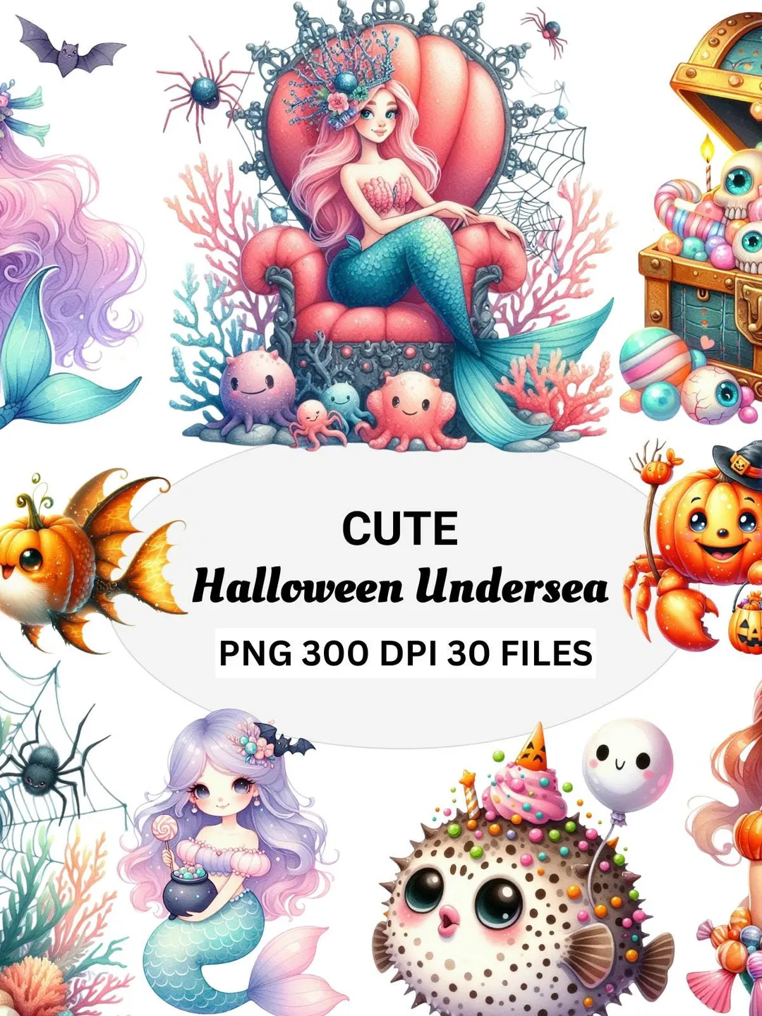 Kawaii Mermaid Clipart PNG Bundle: Watercolor Ocean Princess Designs ...