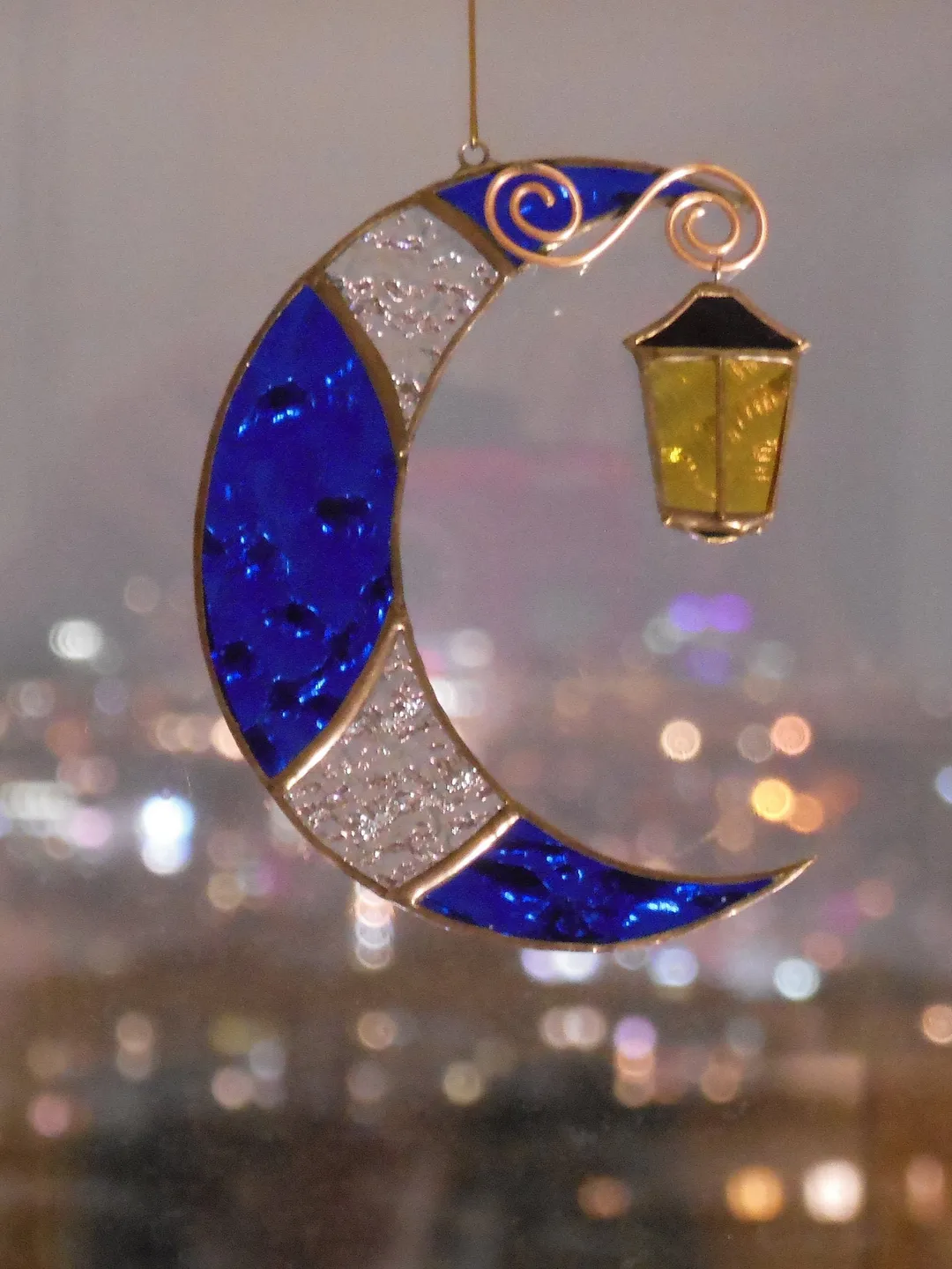 Moon with Street Light . Stained glass window hanging Suncatcher , idea for anniversary , birthday and Christmas gift