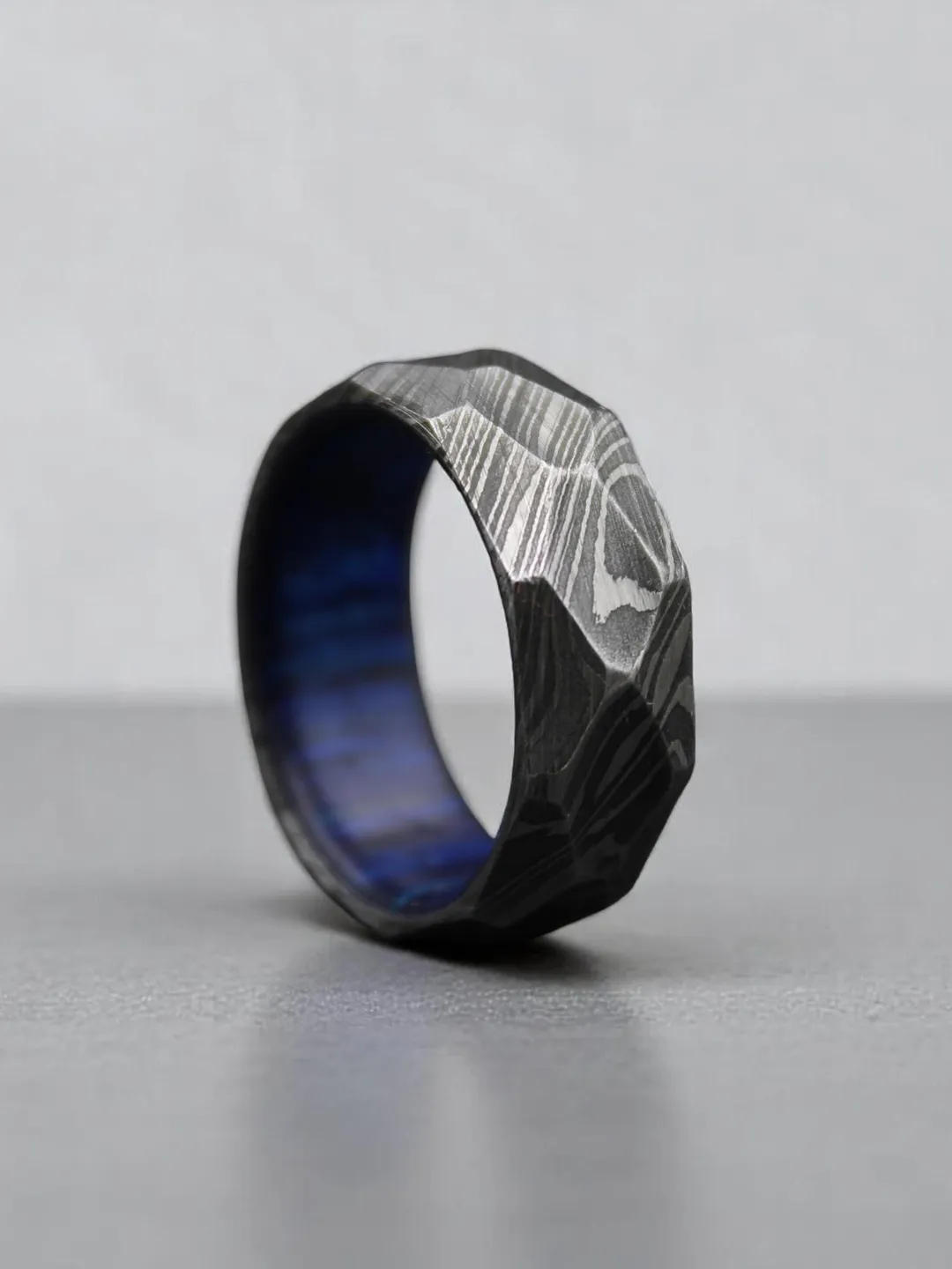 Damascus Steel Ring, Whiskey Barrel Wood Band | Hammered Rustic Men’s Wedding Band