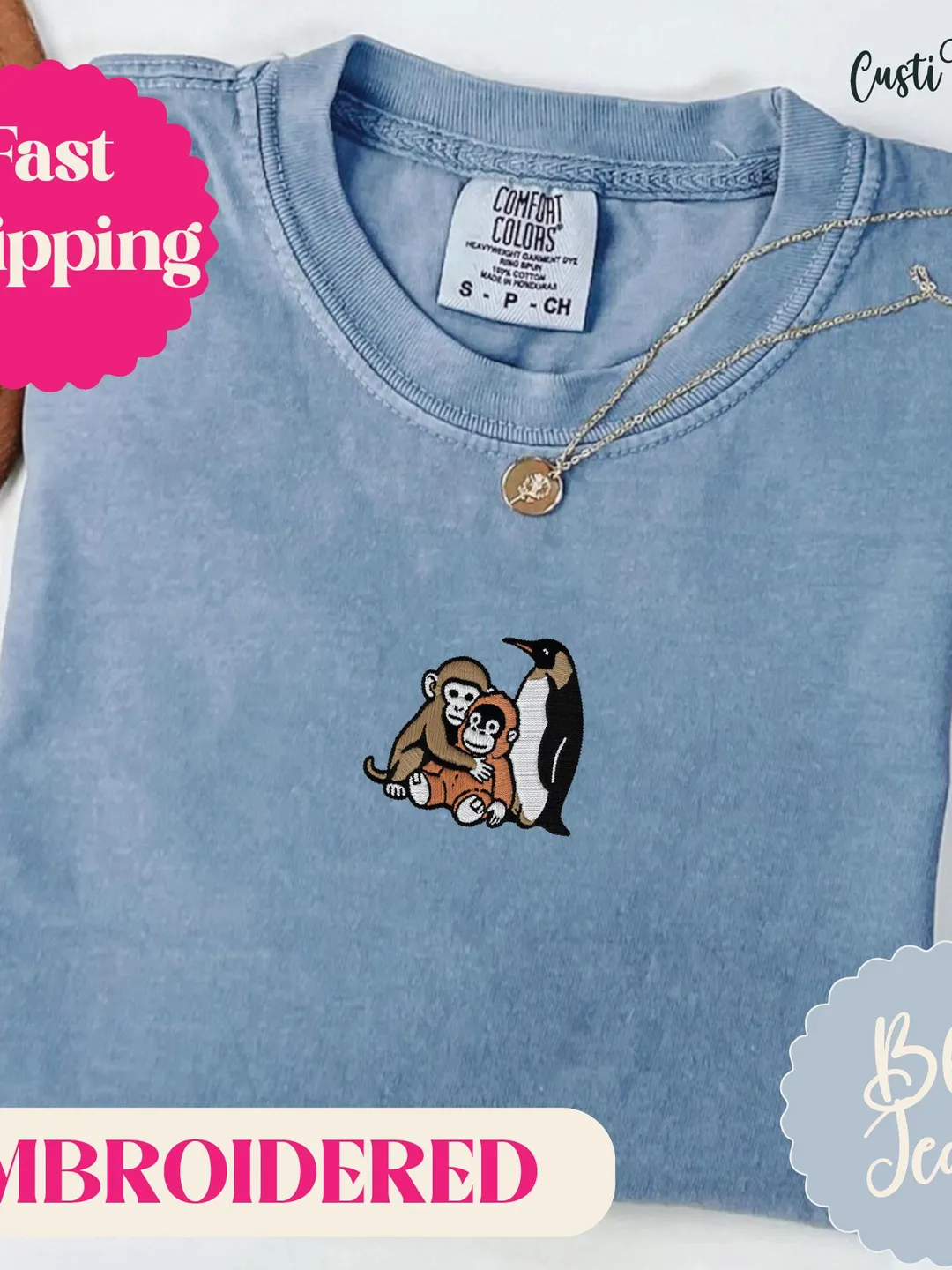 Baby Monkey Punch Shirt Embroidered. Cute Monkey Gift. Comfort Colors Shirt. Funny Animal Shirt. Cute Embroidery Top