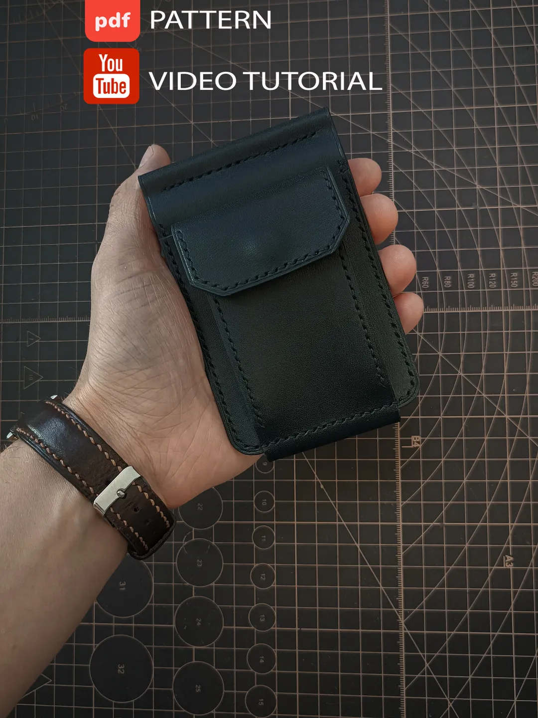 Pattern of a Money clip wallet with coin box and clasp with button - Leather wallet pattern - Download PDF