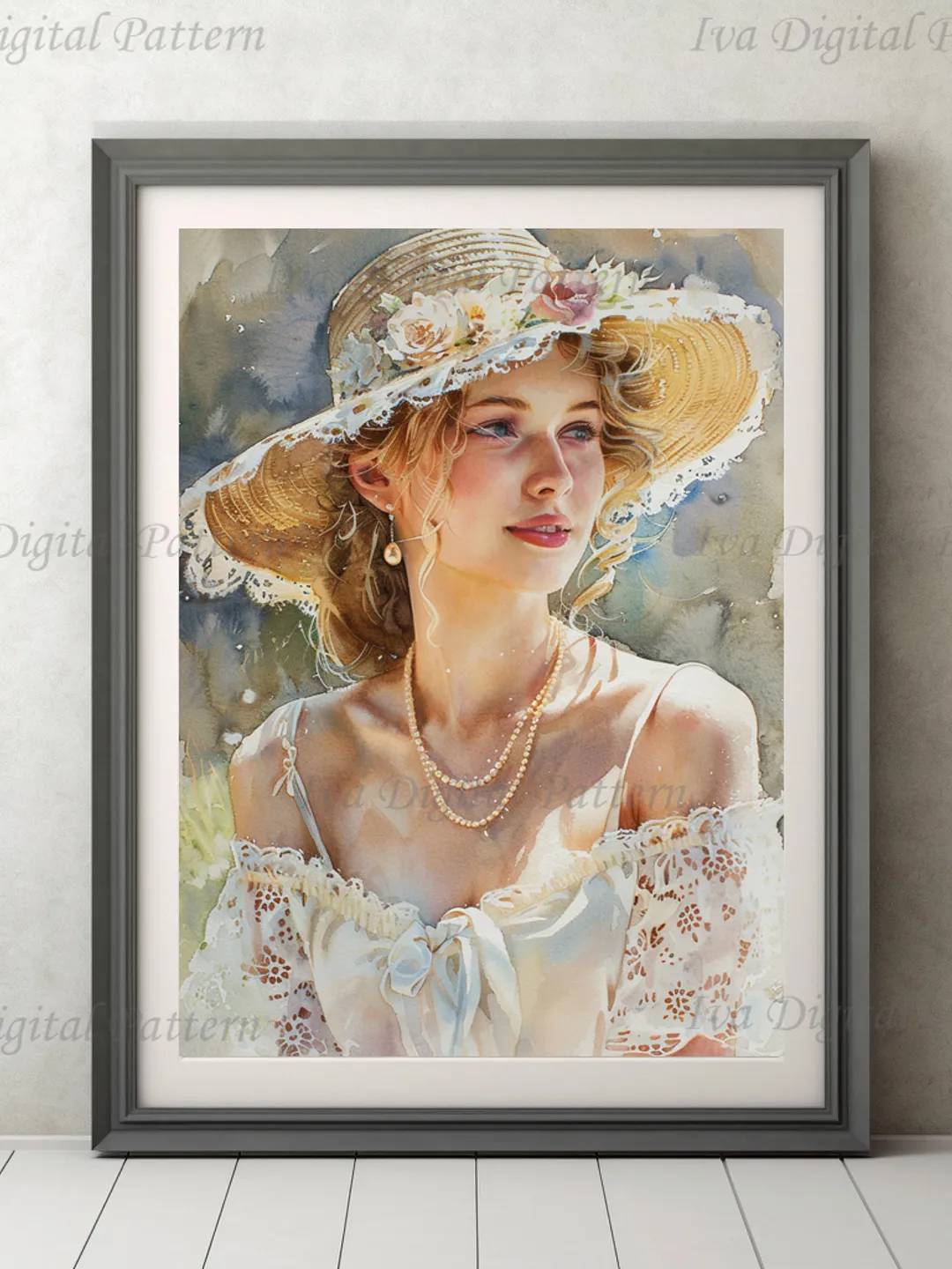 Digital painting. French woman. Romantic girl with a hat. Wall decoration in pastel colors. Parisienne. Digital illustration.Instant download.