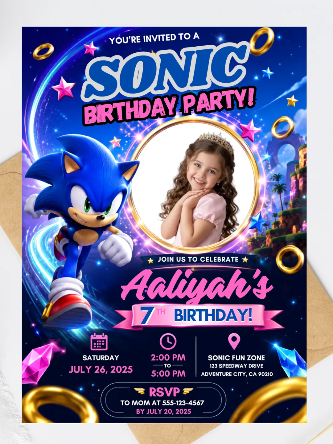 Editable Sonic Girl Birthday Invitation Template with Photo, Pink Sonic Party Invite, Printable Canva Birthday Invitation, Kids Birthday Invite, Digital Download, 5x7 Editable Template