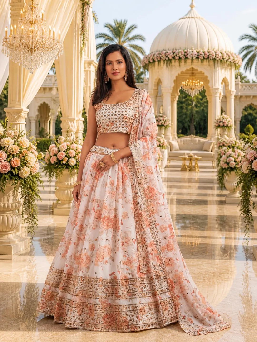 White Faux Georgette Lehenga Choli: Zari & Sequins Embroidery Indian Wedding Wear Ready To Wear