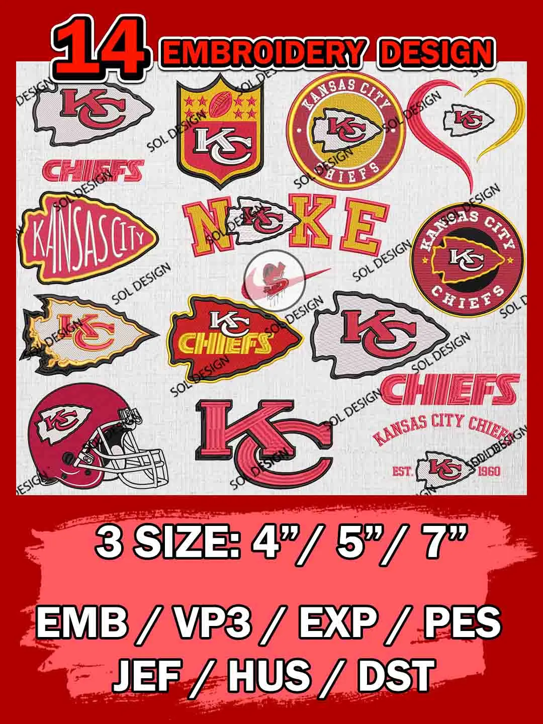 NFL Kansas City Chiefs Bundle Embroidery Files, NFL Kansas City Chiefs Team Embroidery, NFL Teams, National Football League 3 sizes, NFL Chiefs Football Machine embroidery designs, Digital Download