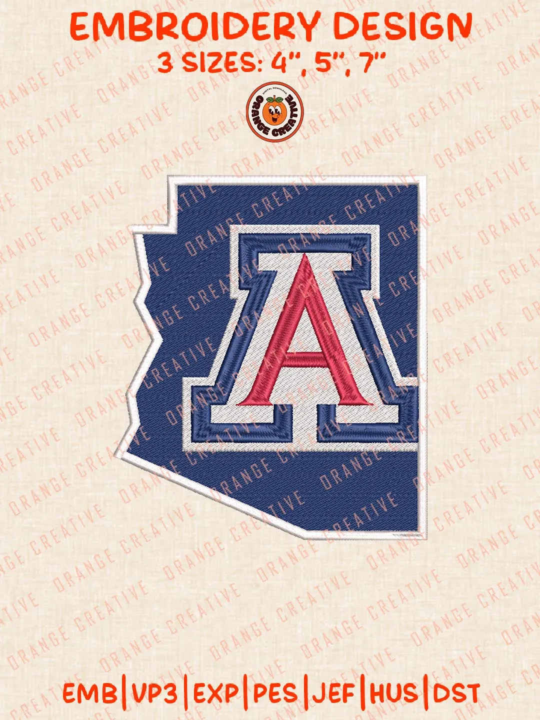 NCAA Arizona Wildcats Map Embroidery Design, NCAA Arizona Wildcats Team Logo Embroidery Design, Machine Embroidery Design File, 4 Sizes, Custom Size, Digital Download