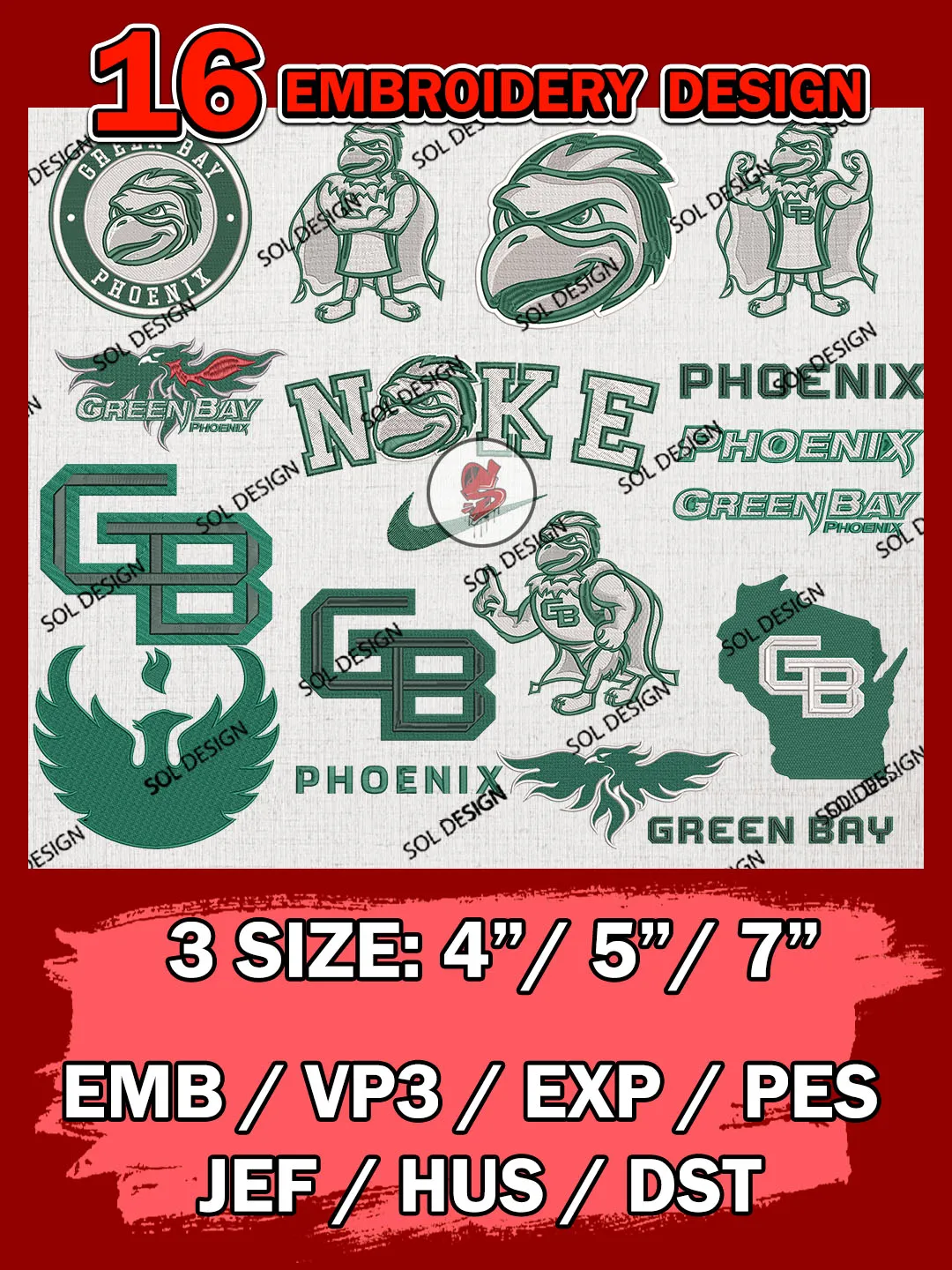16 NCAA Green Bay Phoenix Bundle Embroidery Files, NCAA Green Bay Phoenix Team Bundle Embroidery Designs, NCAA Teams, National College Football Team 3 sizes, NCAA Green Bay Machine Embroidery, Digital Download