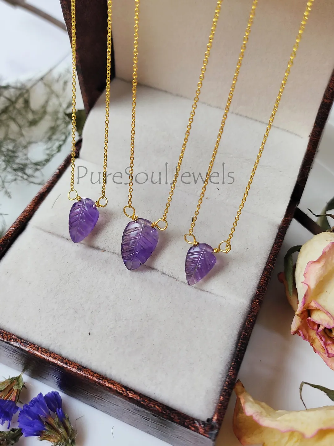 Natural Amethyst Necklace, 925 Sterling Silver Gold Necklace, Leaf Design Carving Necklace, February Birthstone, Valentine Day Gifts