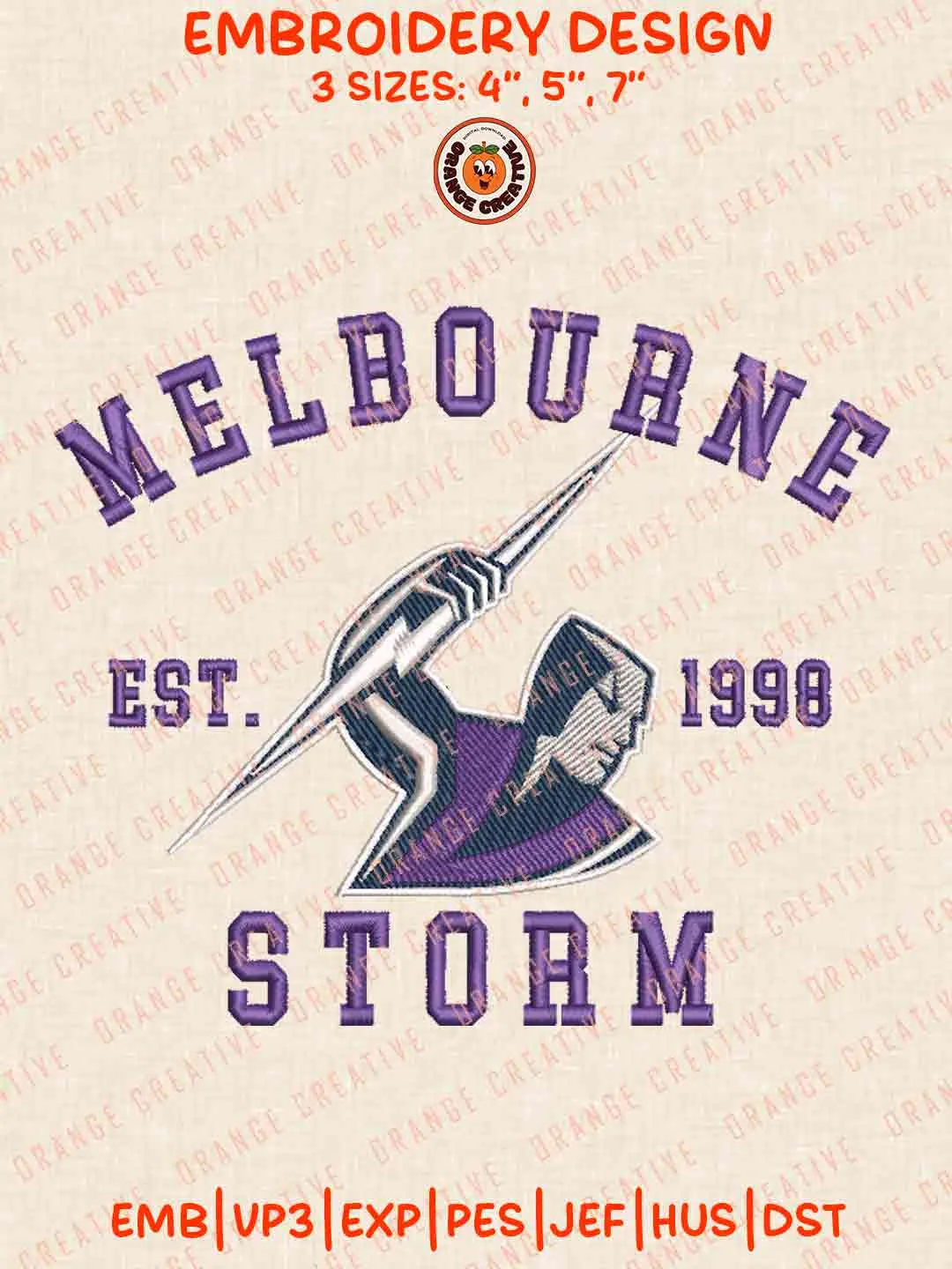 Melbourne Storm Est 1998 Logos Embroidery Design, NRL Rugby Team Machine Embroidery Digitized Pes File, 4 Sizes, Custom Size, Instant Download