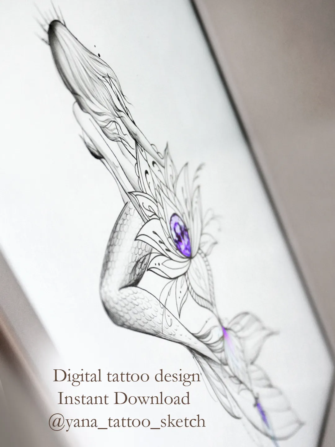 Mermaid Tattoo Design Mermaid And Lotus Ornamental Tattoo Drawing Idea For Females, Instant download PDF, JPG, PNG