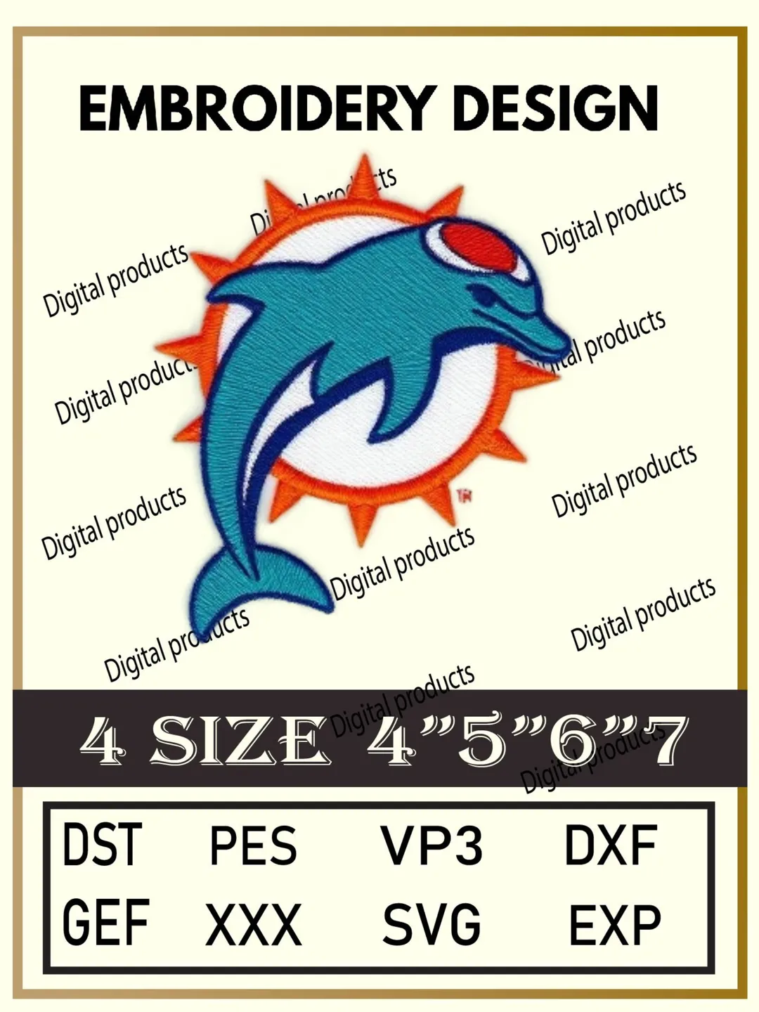 Miami Dolphins Embroidery Design Digital Logo Pattern with Leaping Dolphin and Orange Sunburst for Machine Embroidery Projects in Four Sizes with Multiple Compatible Formats Including DST, PES, VP3, DXF, GEF, XXX, SVG, EXP Download