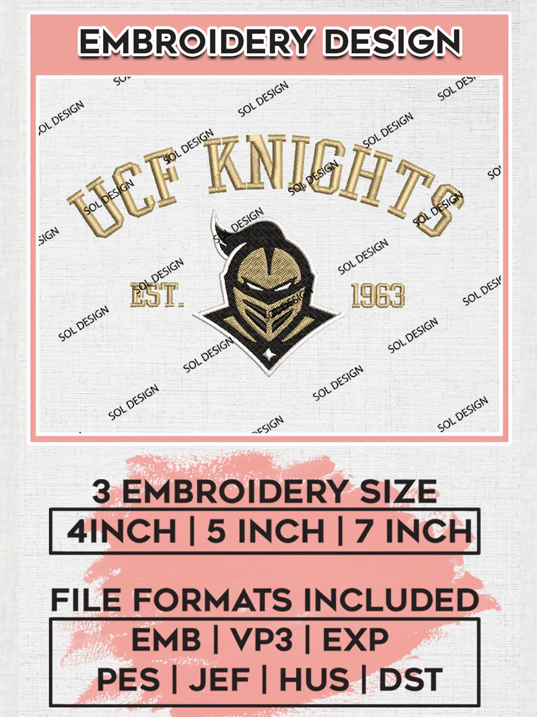 UCF Knights Est 1963 Logo Embroidery Designs, NCAA UCF Knights Team Embroidery, NCAA Team Logo, 3 sizes, Machine embroidery Files, Digital Download