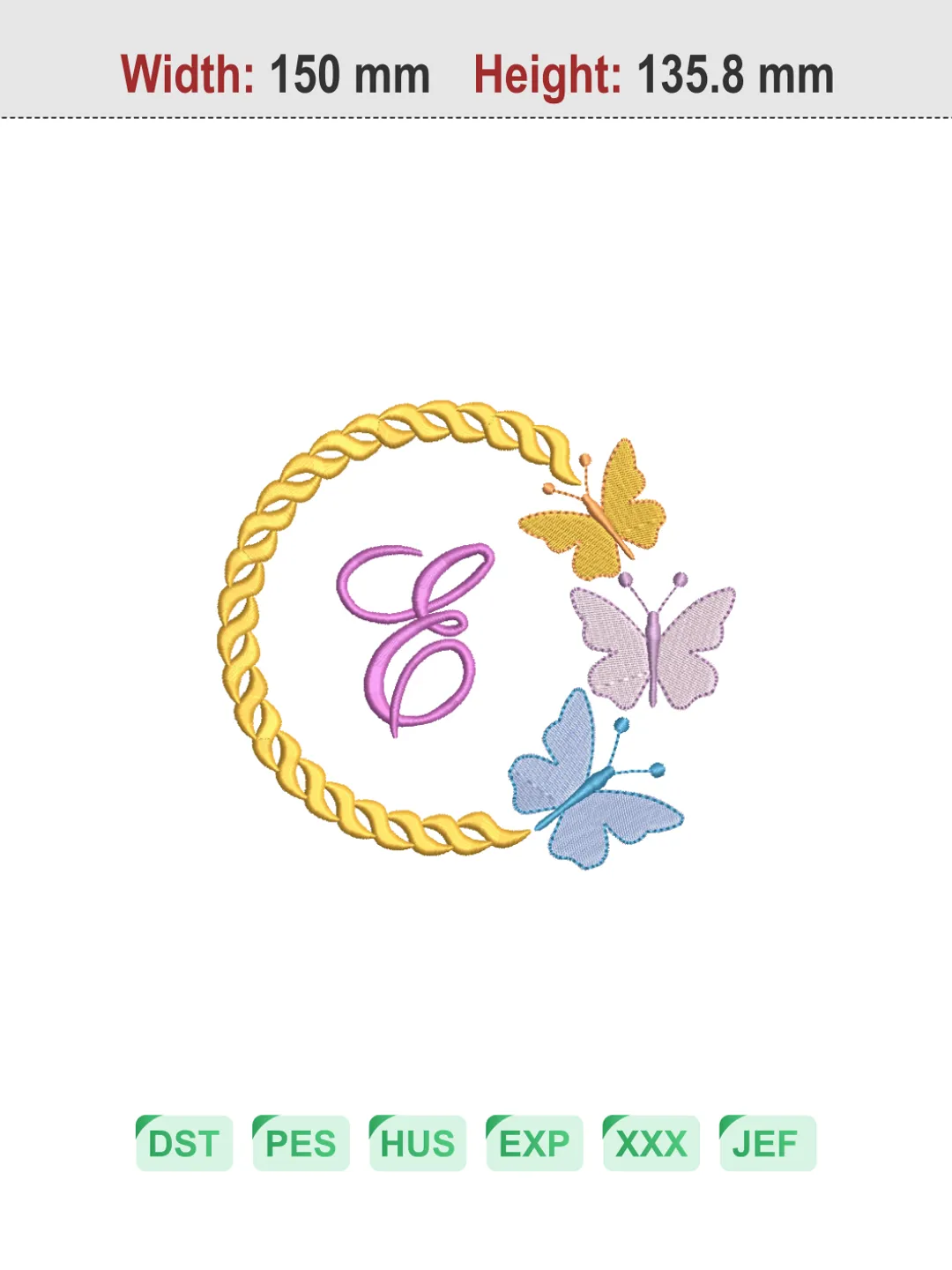 Butterfly Wreath Letter E Machine Embroidery Design