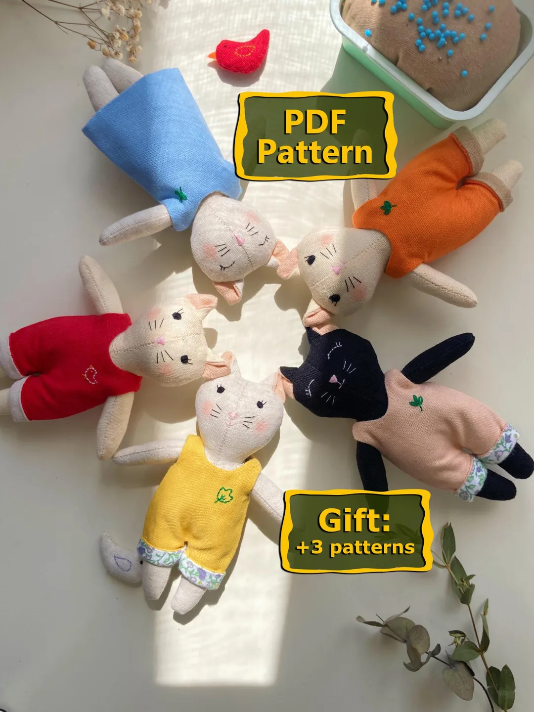 Fabric Cat Sewing Pattern PDF – 14 cm / 5.5'' Cat Doll Tutorial – Linen Soft Toy