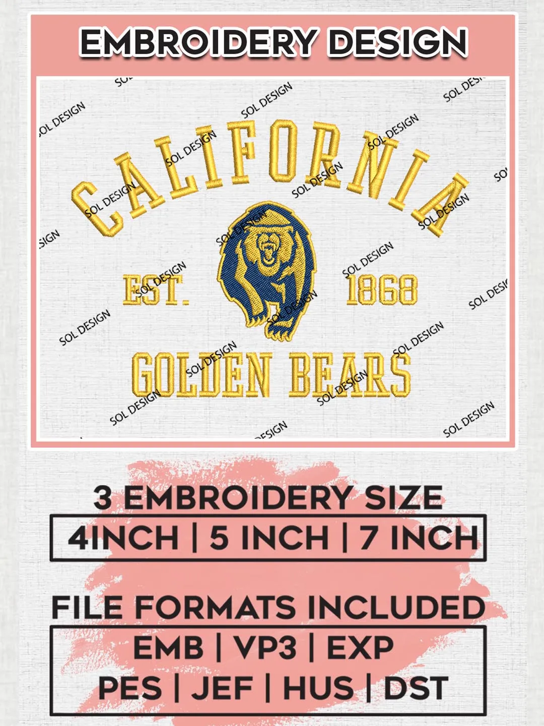 California Golden Bears Est 1868 Logo Embroidery Designs, NCAA California Golden Bears Team Embroidery, NCAA Team Logo, 3 sizes, Machine embroidery Files, Digital Download