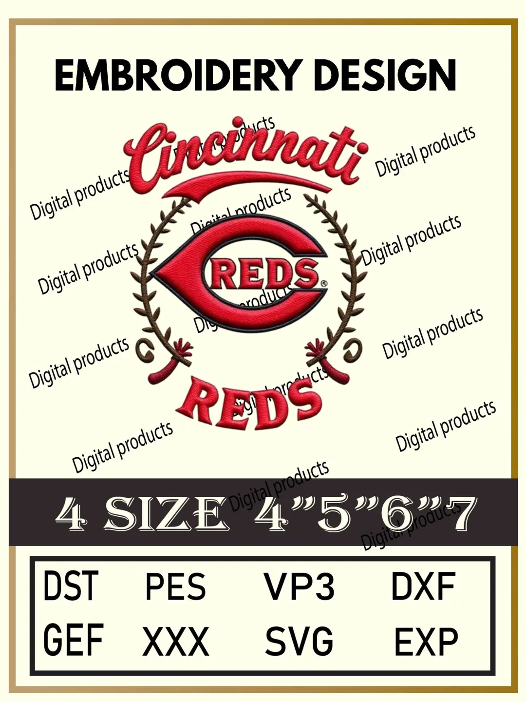 Cincinnati Reds Embroidery Design Digital Logo Pattern with Script Cincinnati, Stylized C, and Reds Text for Machine Embroidery Projects in Four Sizes with Multiple Compatible Formats Including DST, PES, VP3, DXF, GEF, XXX, SVG, EXP Download
