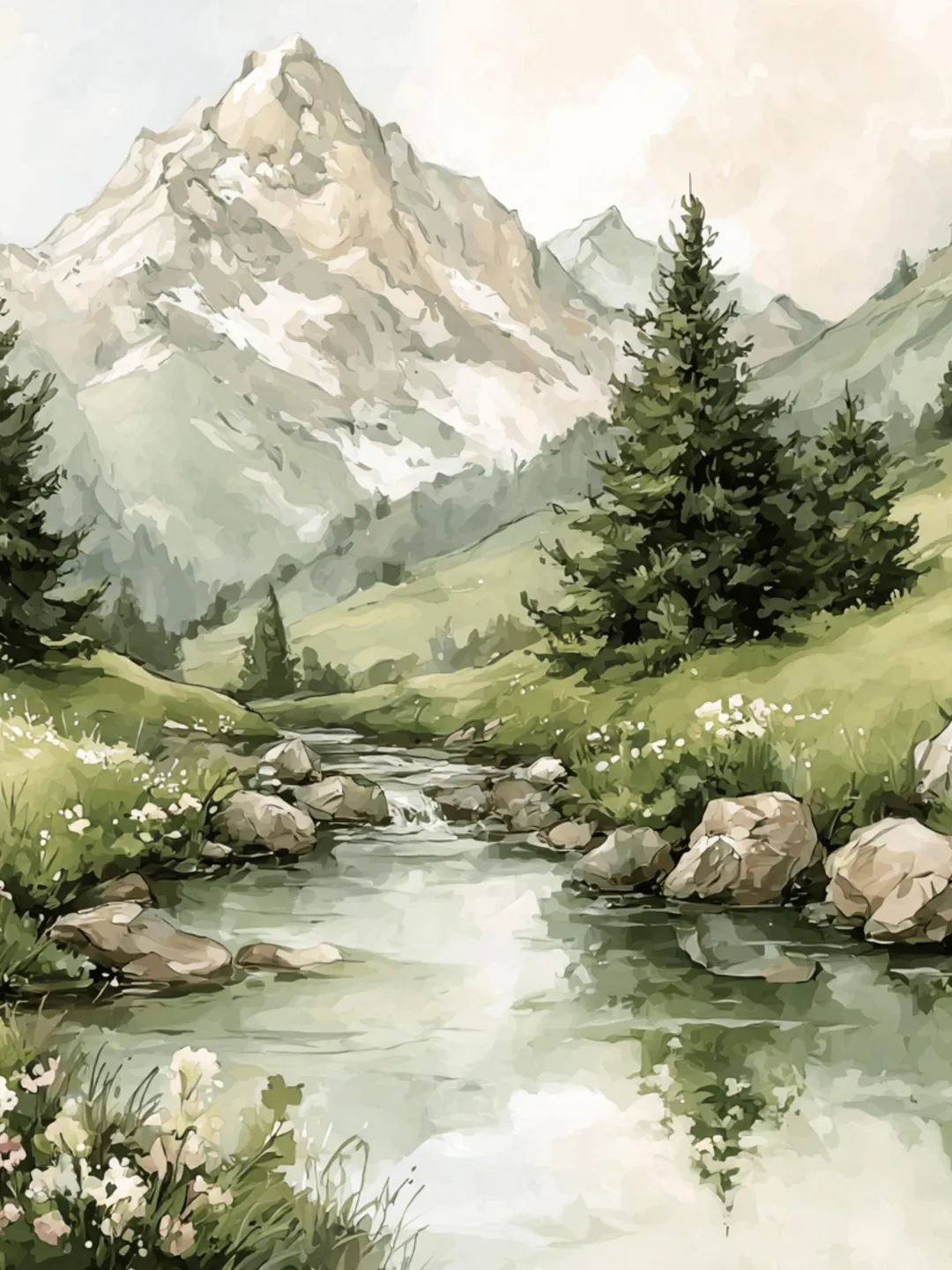 16 Landscape Watercolor Wall Art Prints, Mountain Stream and Countryside Scene Digital Download, Nature Home Decor PNG Files