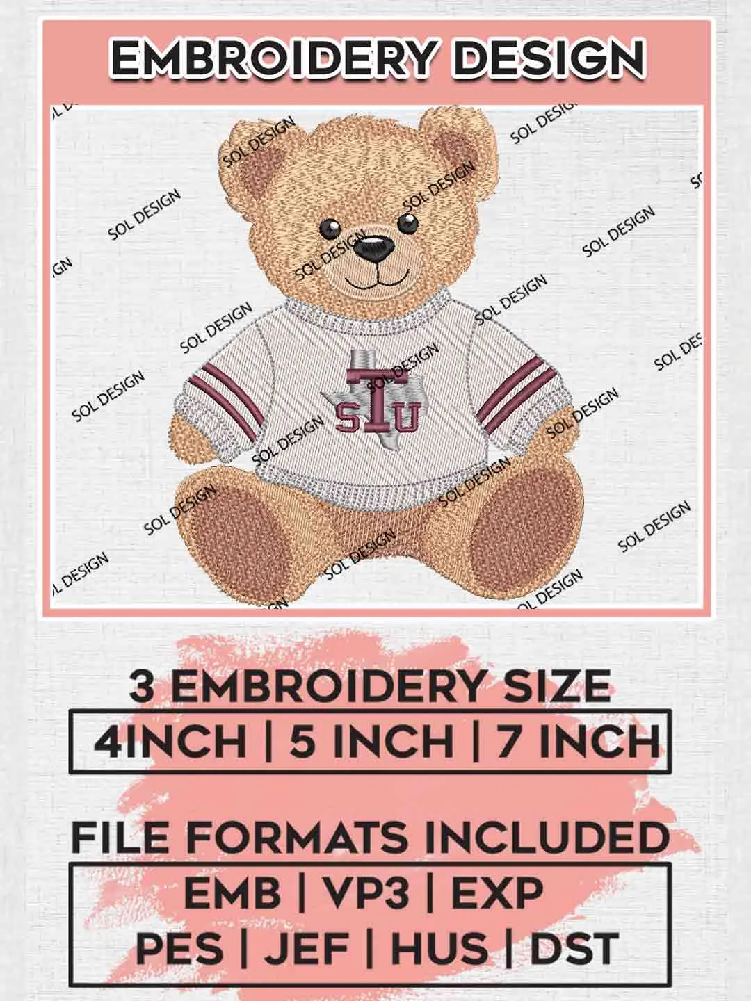 Texas Southern Tiger Teddy Bear Embroidery Design, Football Embroidery files, Sport Machine embroidery files, 3 sizes, Instant Download