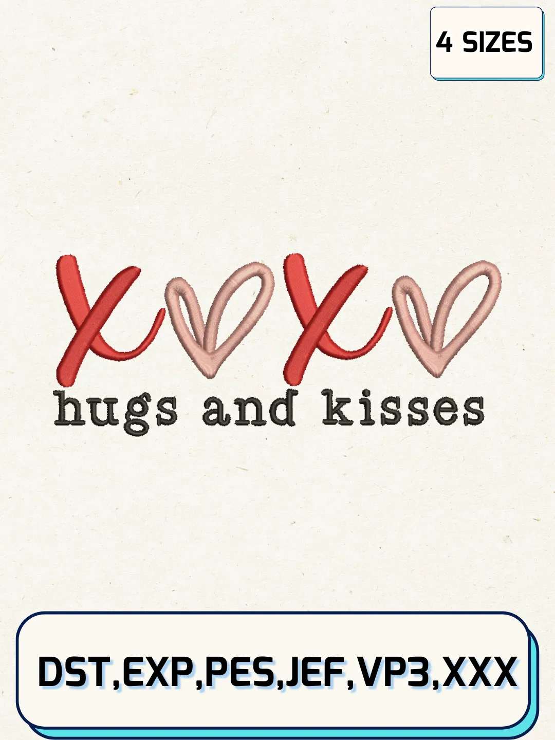XoXo hugs And Kisses Embroidery Design Files, Valentine Logos Embroidery Designs, Machine Embroidery Files, 4 Sizes