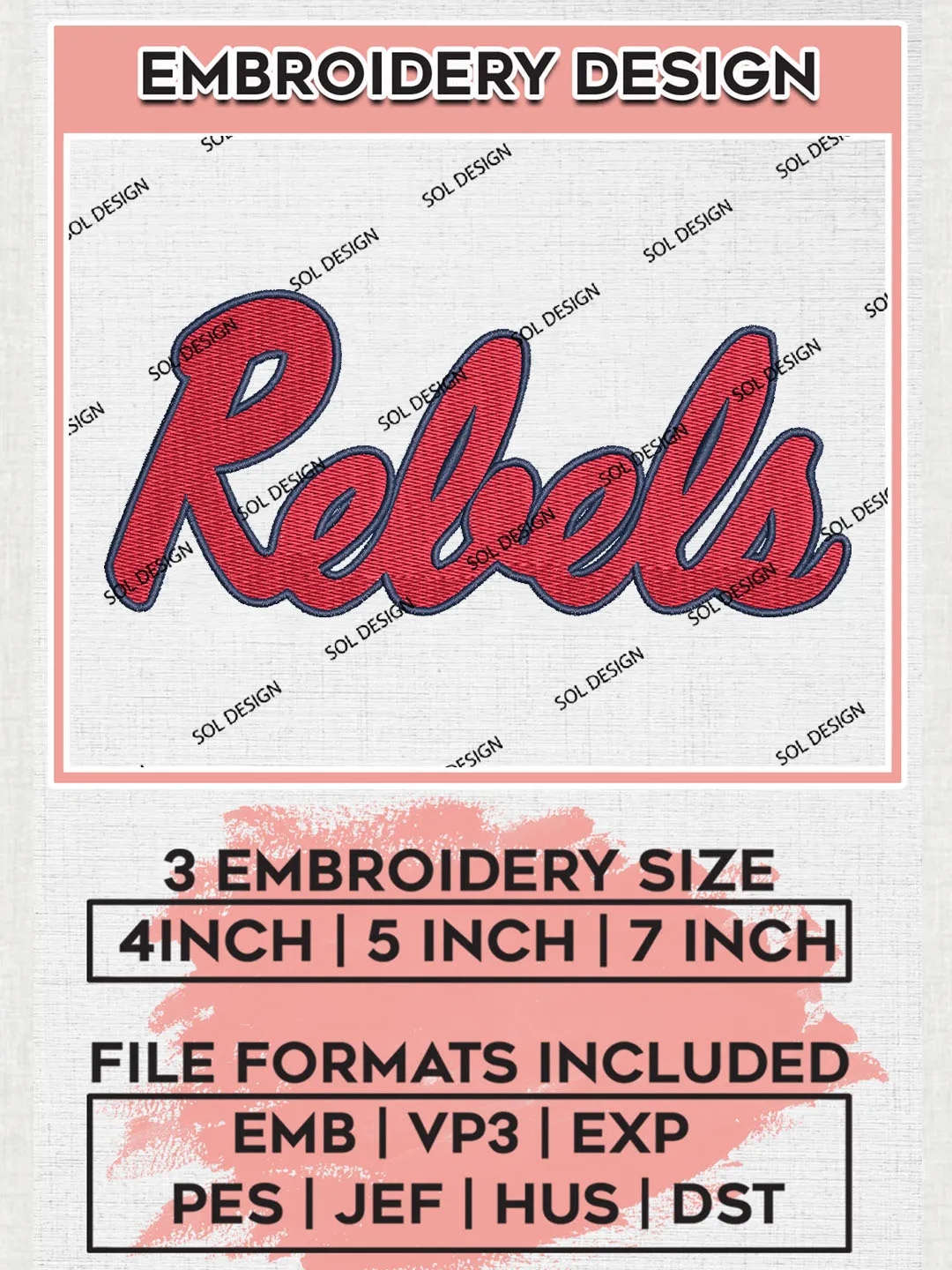 NCAA Rebels College Team Writing Logo Embroidery Design Files, NCAA Ole Miss Rebels Machine Embroidery, NCAA Teams, 3 sizes, NCAA Machine embroidery designs, Digital Download