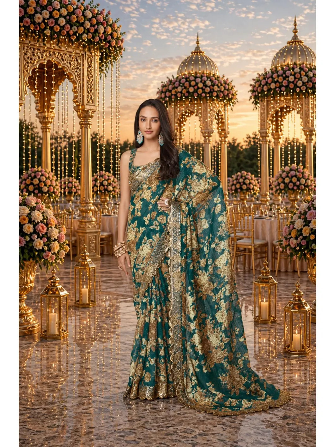Teal Blue Georgette Saree For Women, Sequins Embroidery, Indian Wedding Wear Readymade