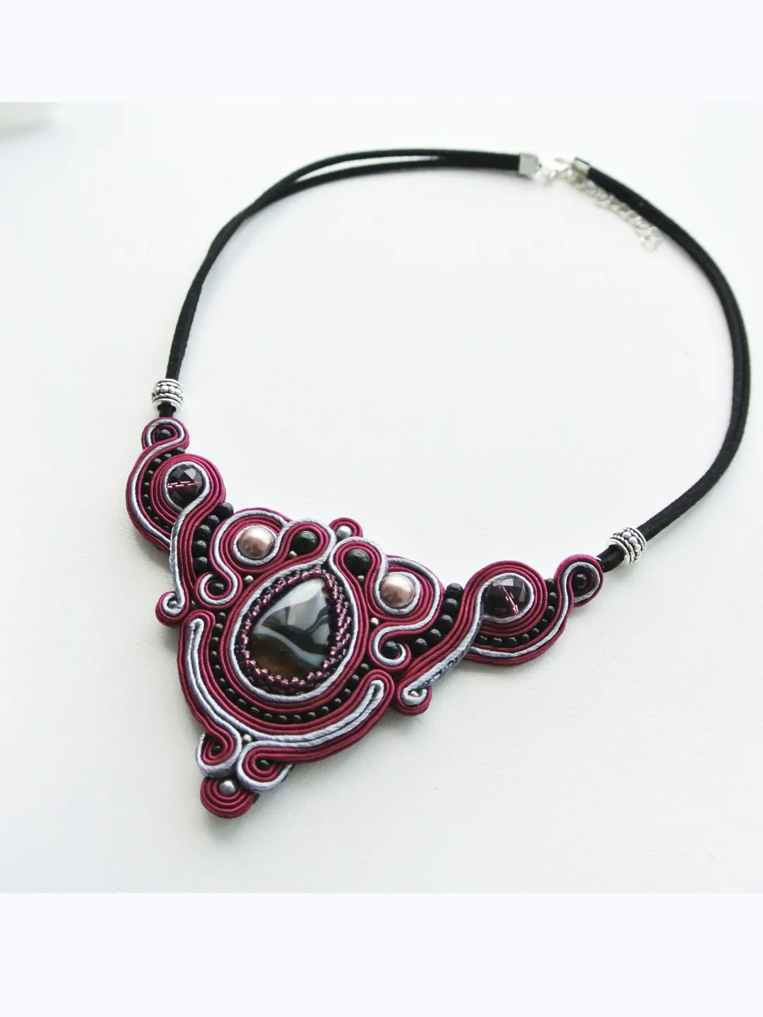 Burgundy necklace with Agate stone, Soutache Embroidered statement necklace