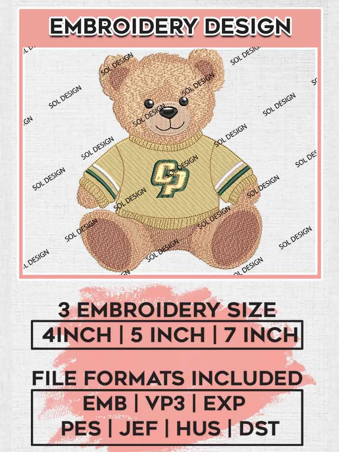 Cal Poly Mustang Teddy Bear Embroidery Design, Football Embroidery files, Sport Machine embroidery files, 3 sizes, Instant Download