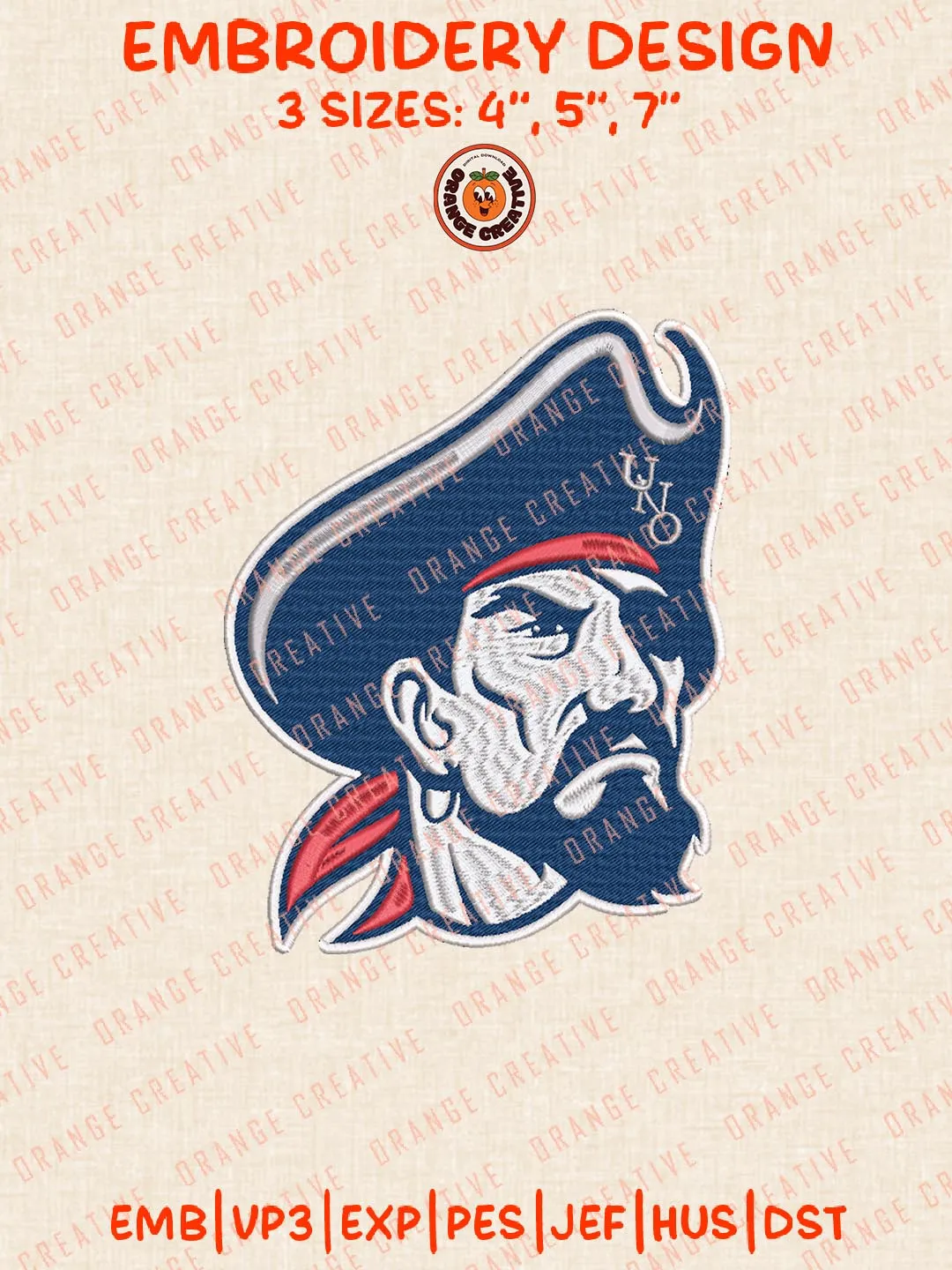 New Orleans Privateers Head Logo Embroidery Design Files, NCAA Logos Embroidery Designs, NCAA Machine Embroidery Files, 3 Sizes, Custom Sizes, Instant Download