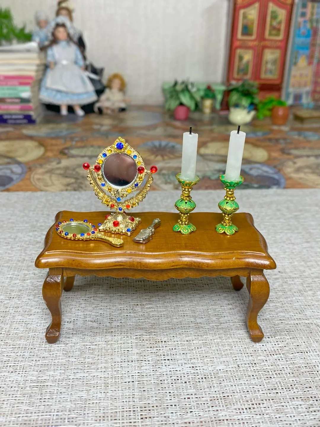 Accessories for a dollhouse in scale 1:12. Table mirror. Candles in candlesticks. Dollhouse miniature.