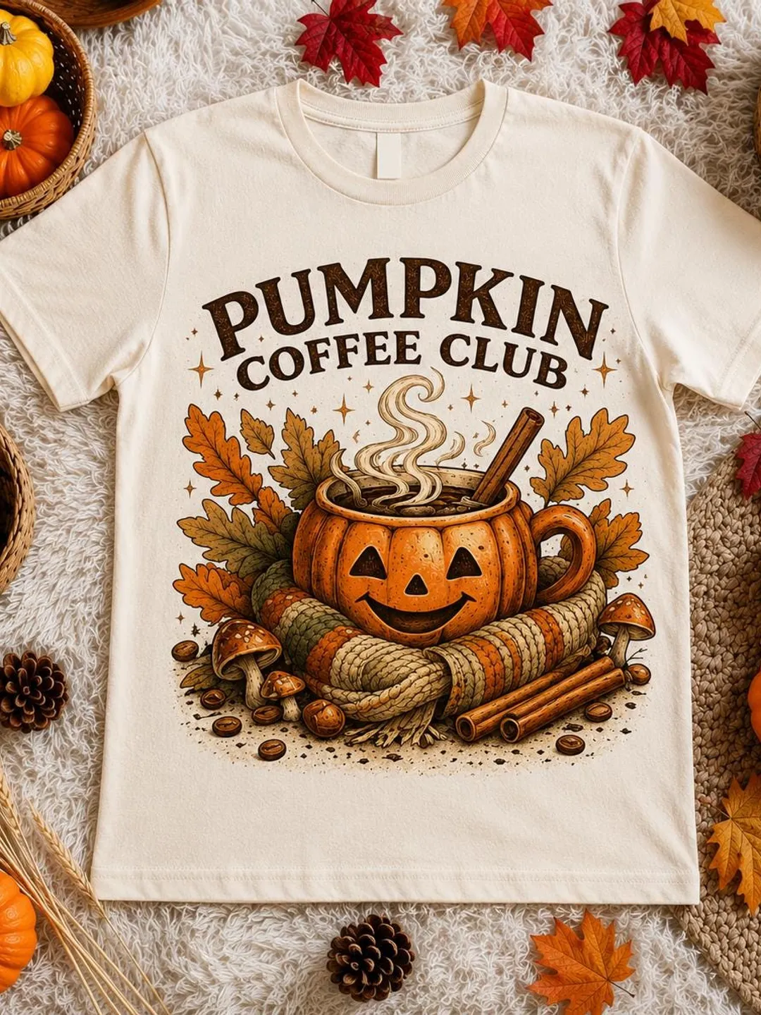 Pumpkin Coffee Club Women’s basic softstyle t-shirt, Cozy Fall Coffee Lover Tee, Autumn Graphic T-Shirt, Vintage Pumpkin Mug Shirt