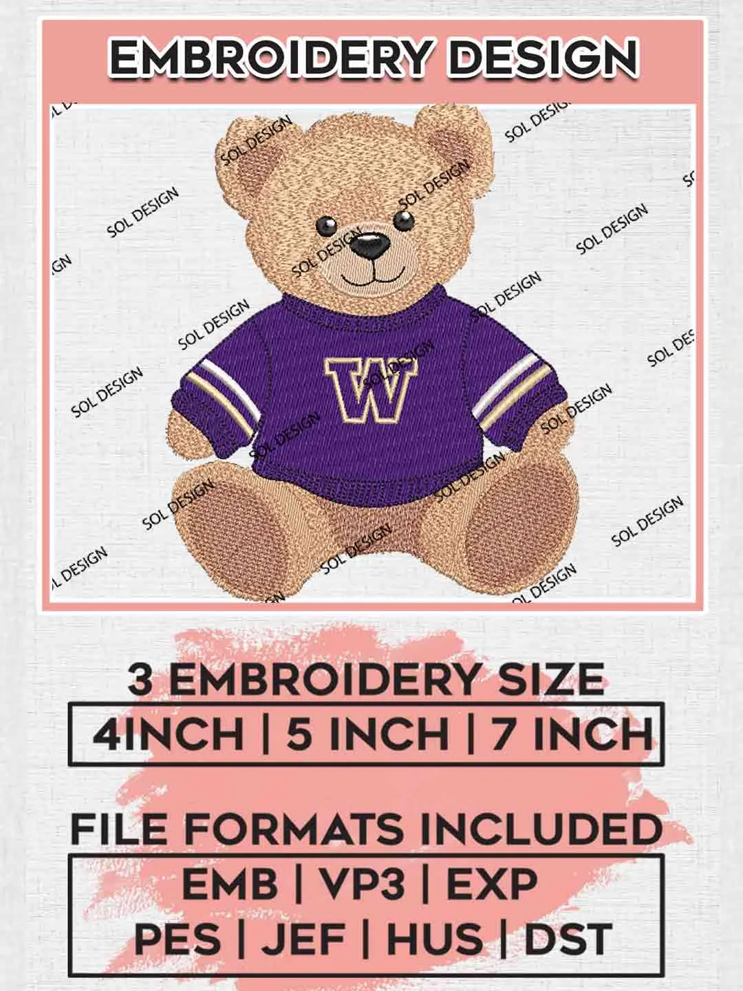 Washington Huskie Teddy Bear Embroidery Design, Football Embroidery files, Sport Machine embroidery files, 3 sizes, Instant Download