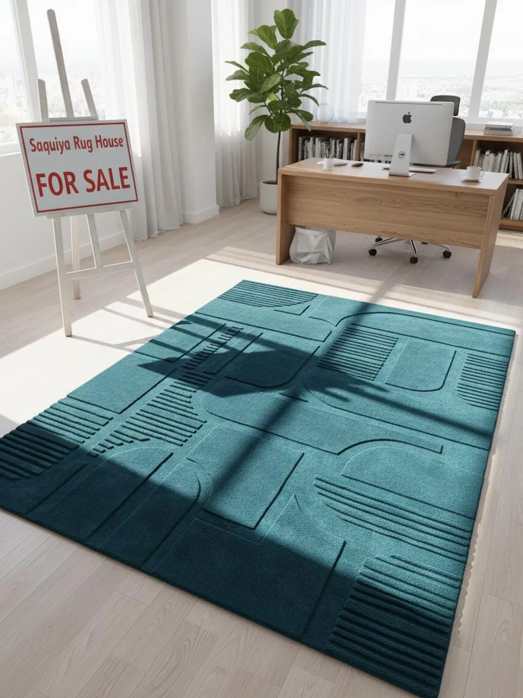 Teal Pattern Rug Texture Teal Wool Area Rug | Hand Tufted, 3D Sculpted Texture, Custom Size