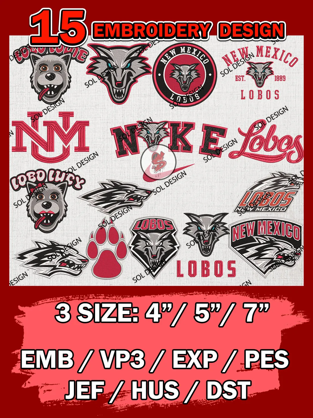 15 NCAA New Mexico Lobos Bundle Embroidery Files, NCAA New Mexico Lobos Team Bundle Embroidery Designs, NCAA Teams, National College Football Team 3 sizes, NCAA New Mexico Machine Embroidery, Digital Download