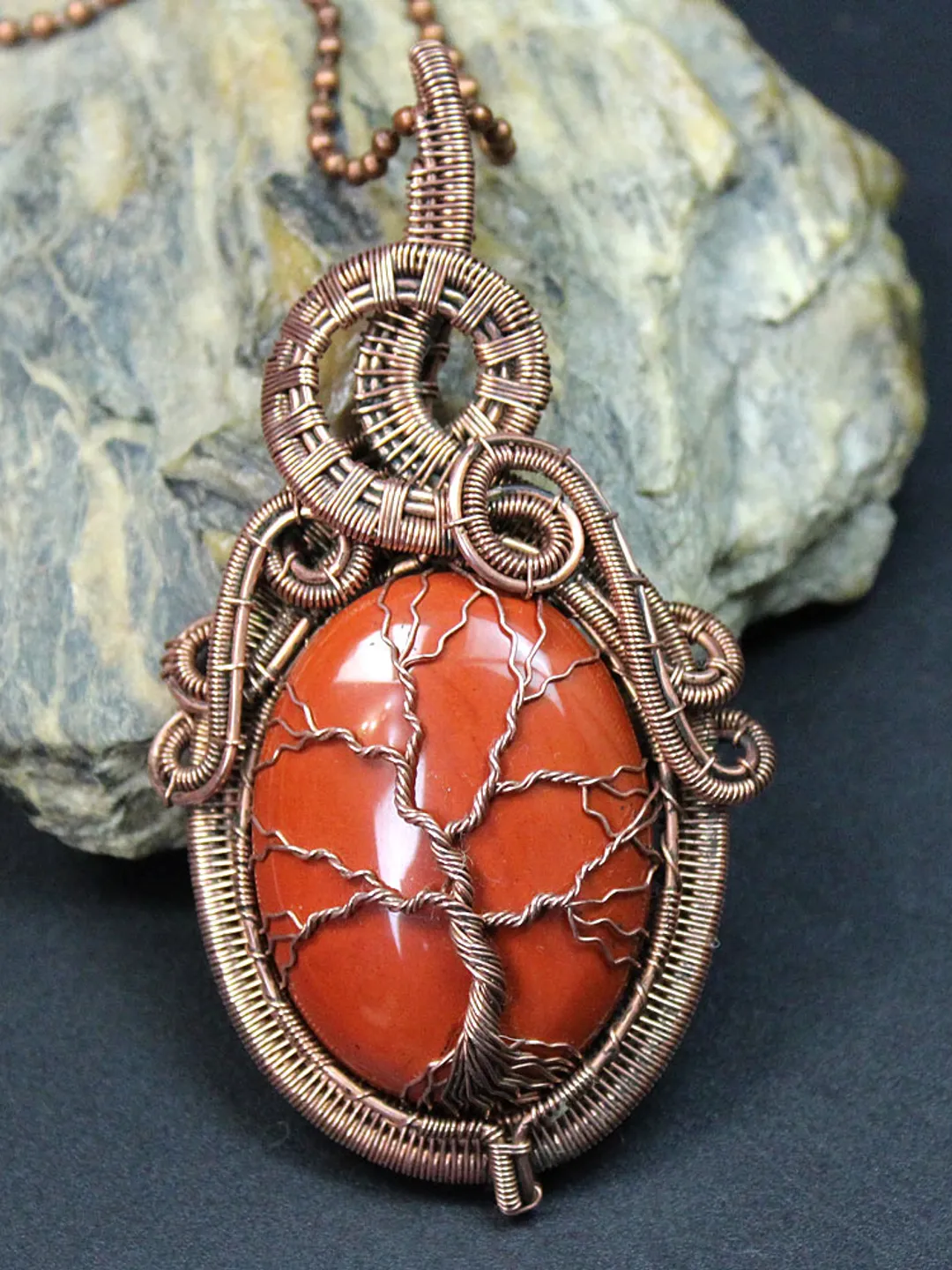 Pendant Tree of Life made of copper wire and natural stone Jasper.