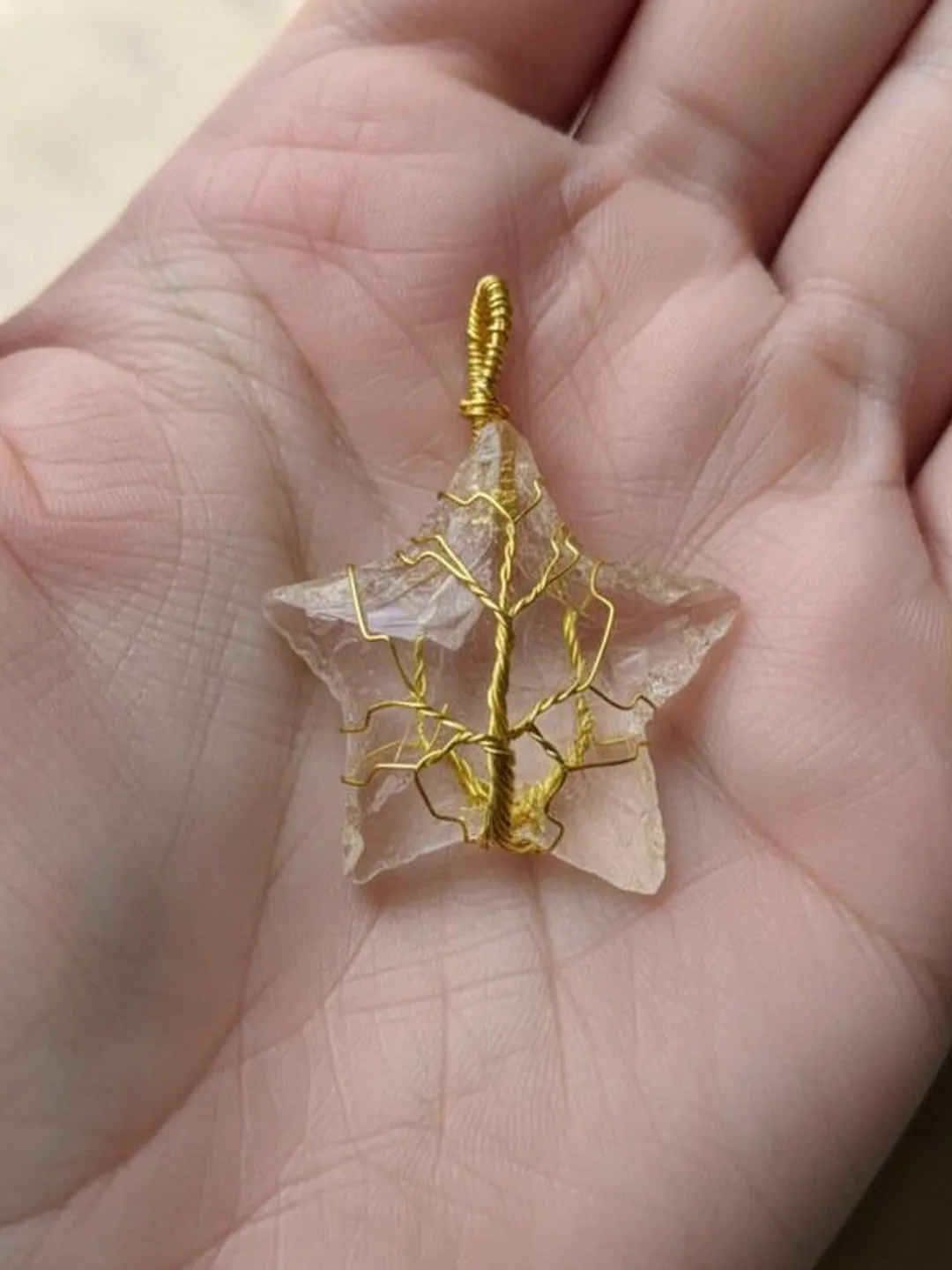 Handmade Rose Quartz Star Necklace, Silver Wire Tree of Life Pendant