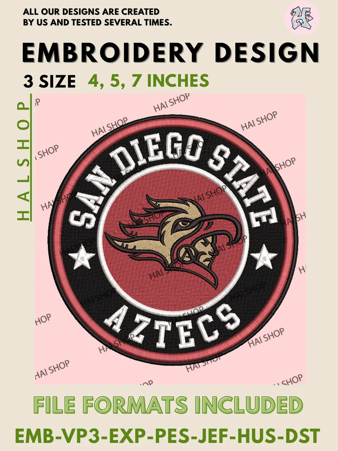 NCAA San Diego State Aztecs Football Team Head Logo Embroidery, San Diego State Aztecs Logo Embroidery Files, Digital Download
