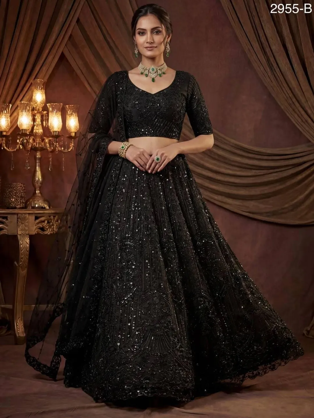 floor length black indian dress BLACK HEAVY EMBROIDERED INDIAN WEDDING & EVENING GOWN