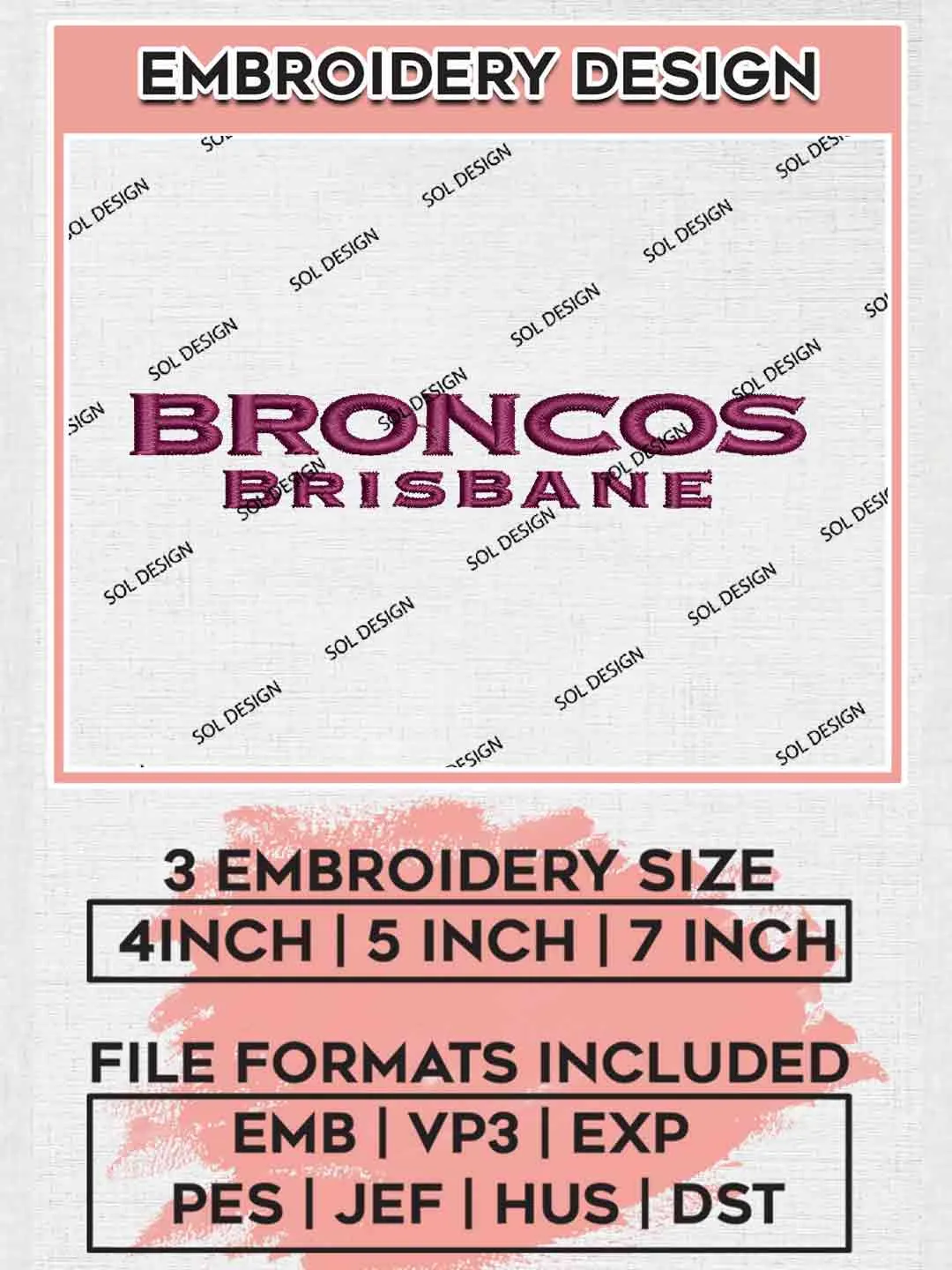 NRL Brisbane Broncos Wordmark Logos Embroidery Design, National Rugby League Logo, NRL Embroidery Design, NRL Machine Embroidery Digitized Pes File,3 Sizes, Instant Download