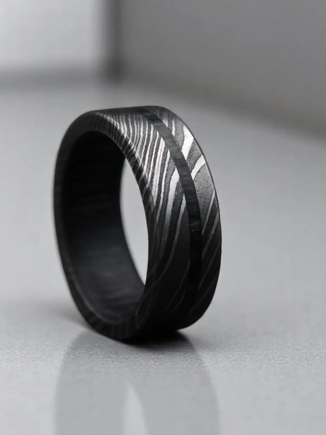 Hand-Forged Damascus Steel Ring with Black Whiskey Barrel - Gift for him
