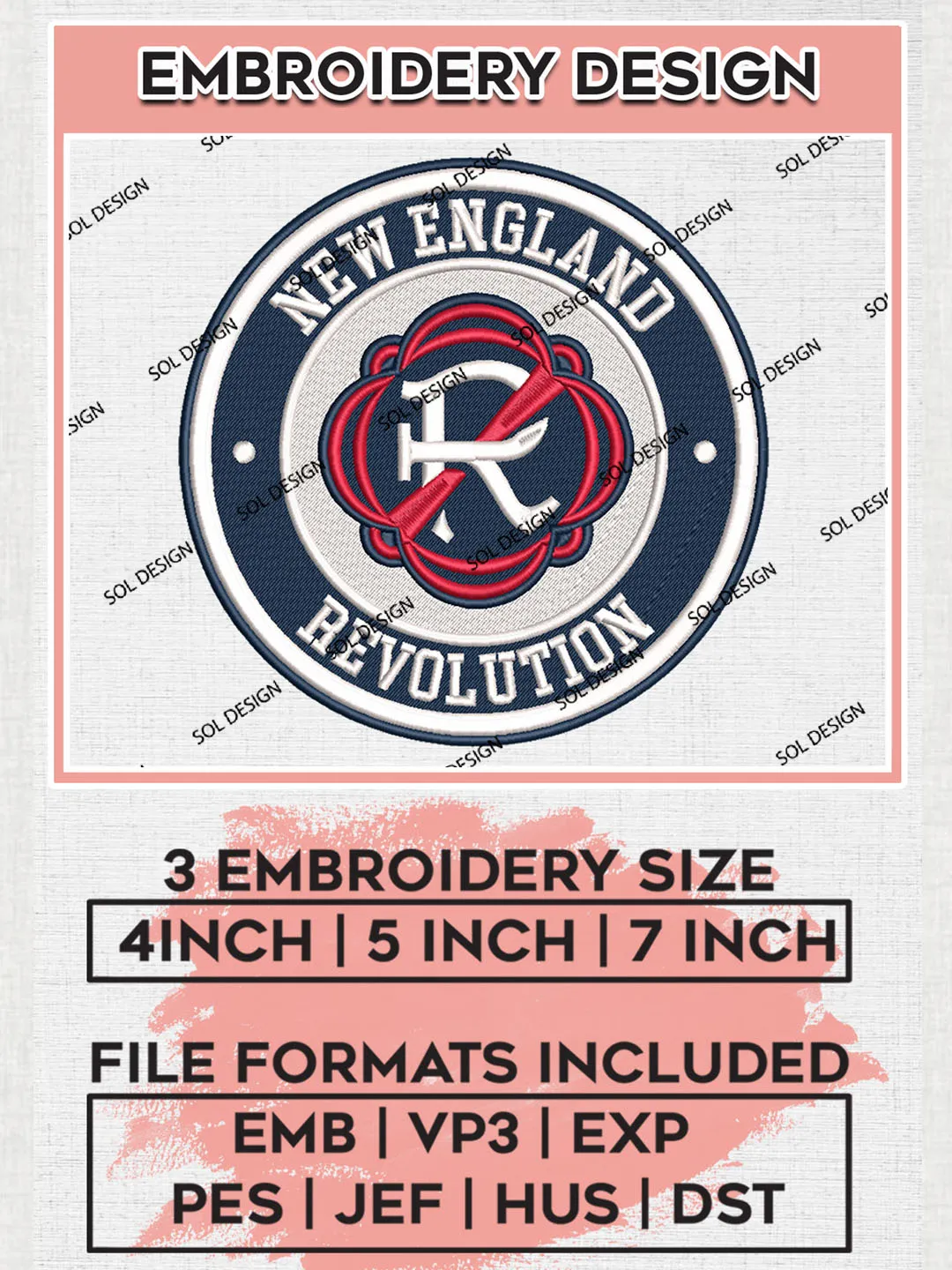New England Revolution Soccer Team Logo Embroidery Design, MLS New England Revolution Logo Embroidery Files, Soccer Team Machine Embroidery, Machine Embroidery Design