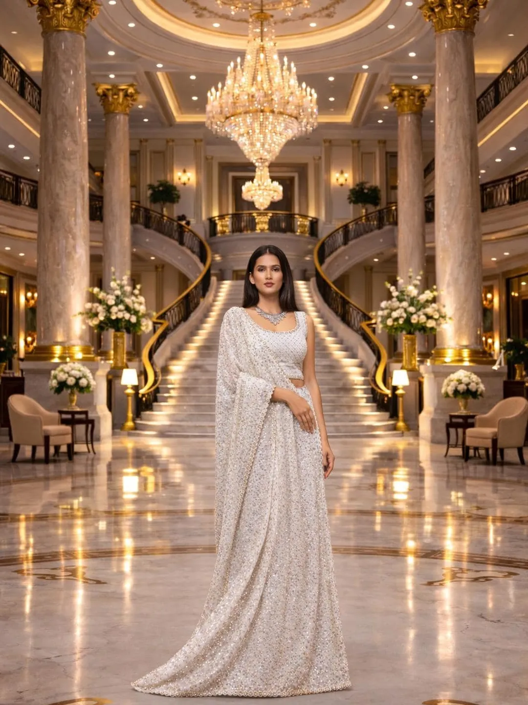 Pearl White Sequin Ready To Wear Saree For Women: Georgette Embroidery, Indian Wedding Wear
