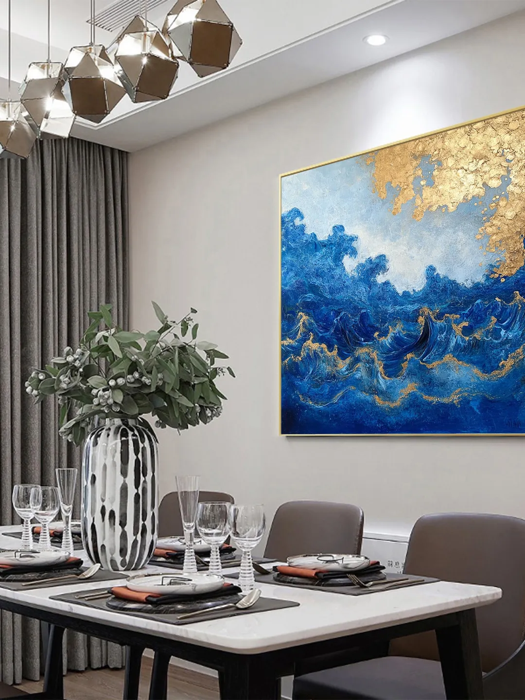 Abstract Gold leaf Oil Painting on Canvas, Original Blue Painting ...