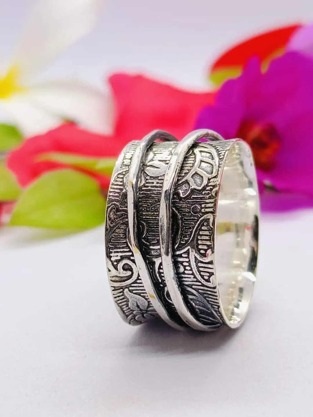 Sterling Silver Spinner Ring: Wide Band Textured Fidget, Boho Meditation