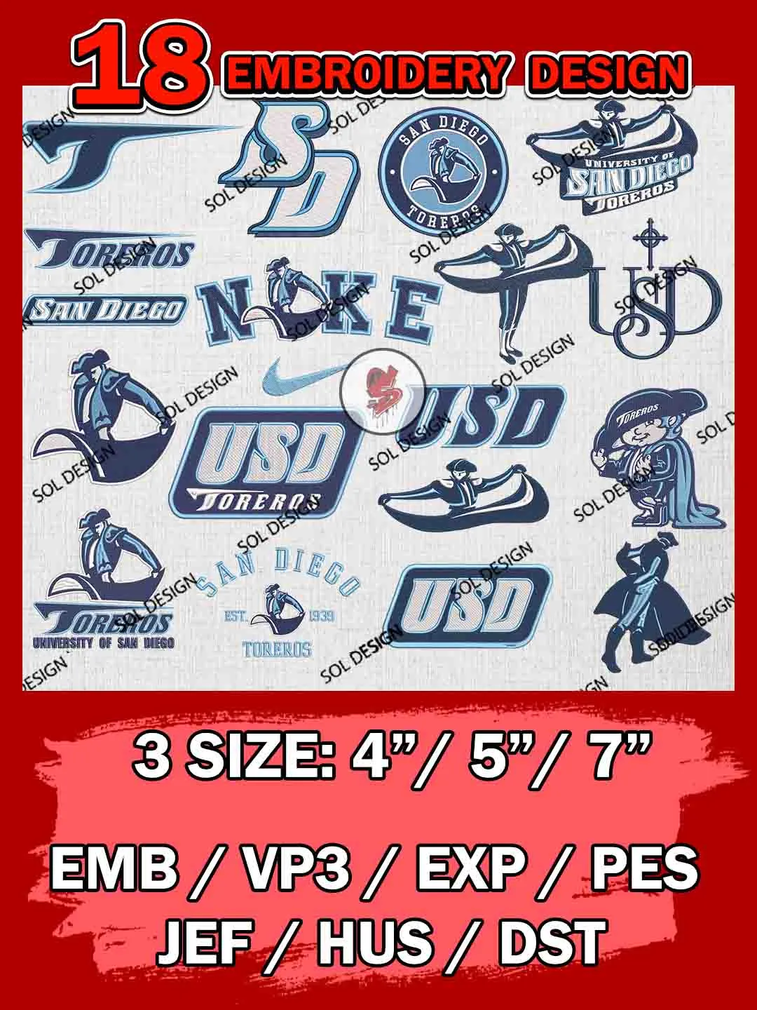 18 NCAA San Diego Toreros Bundle Embroidery Files, NCAA San Diego Toreros Team Bundle Embroidery Designs, NCAA Teams, National College Football Team 3 sizes, NCAA San Diego Machine Embroidery, Digital Download