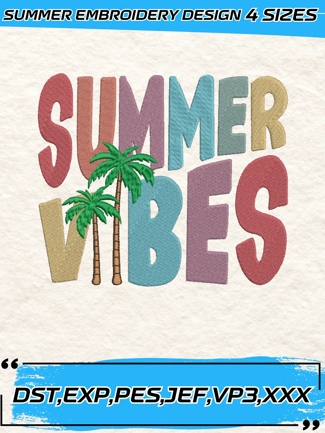 Summer Vibe Embroidery Design,Summer Embroidery Design,Machine Embroidery Design File,4 Sizes, Digital Download_SUM12