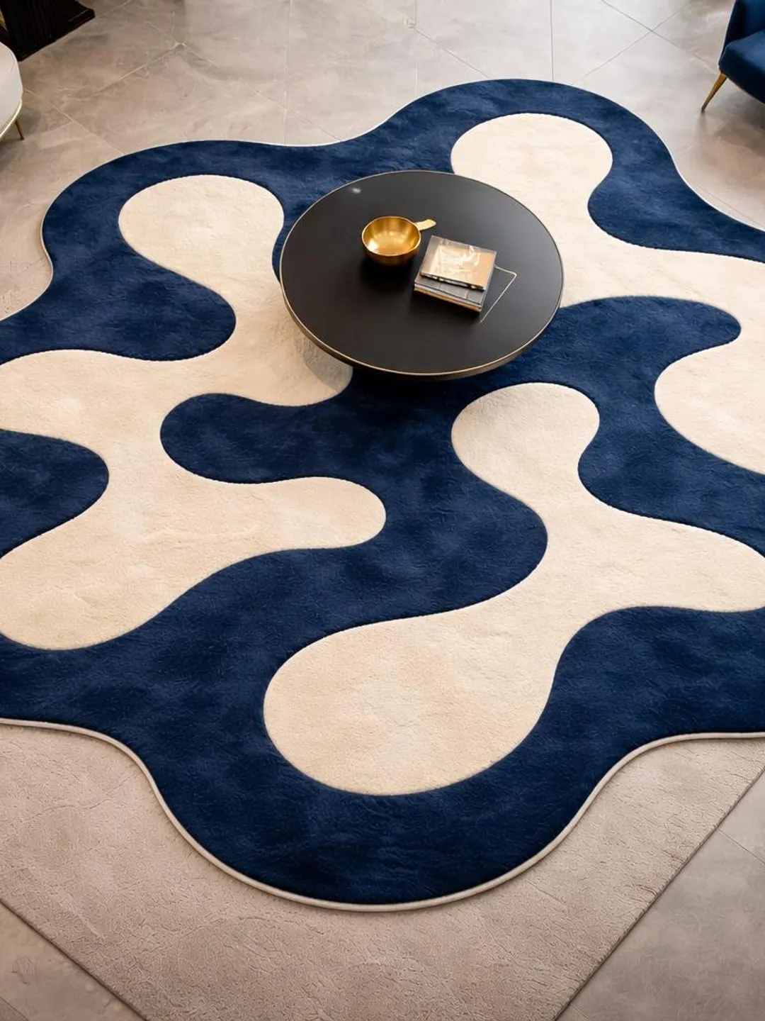 Handmade Abstract Blue Cream Area Rug, Irregular Shape Living Room Carpet