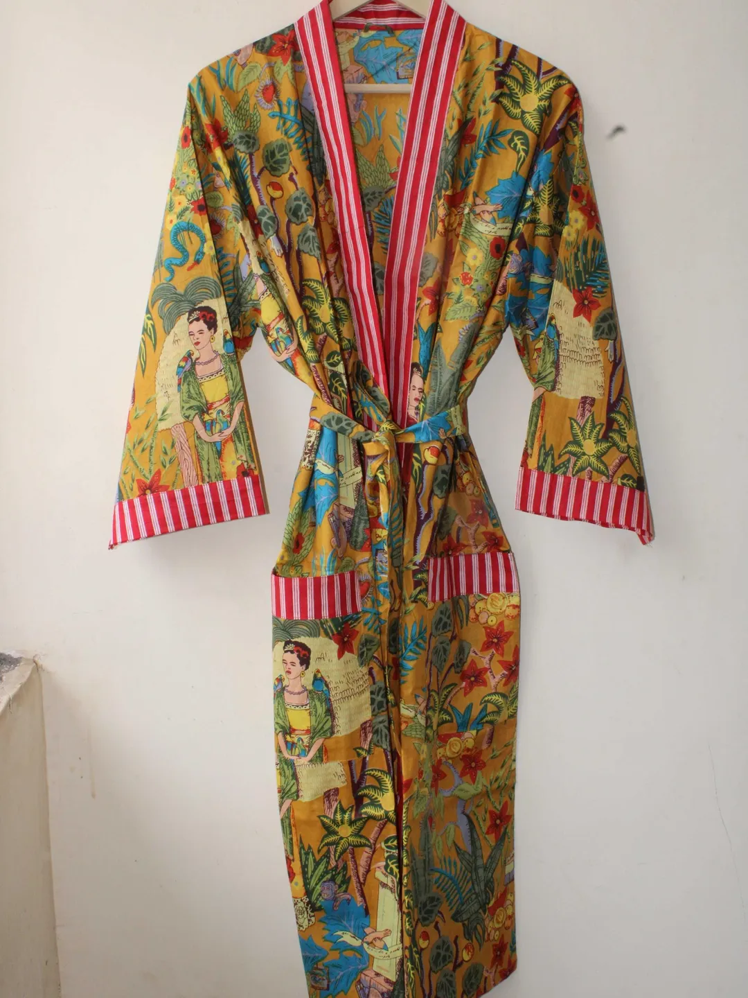 Yellow Robe Cozy Cotton Kimono Robe, Yellow Floral Lightweight Loungewear, Boho Summer ...