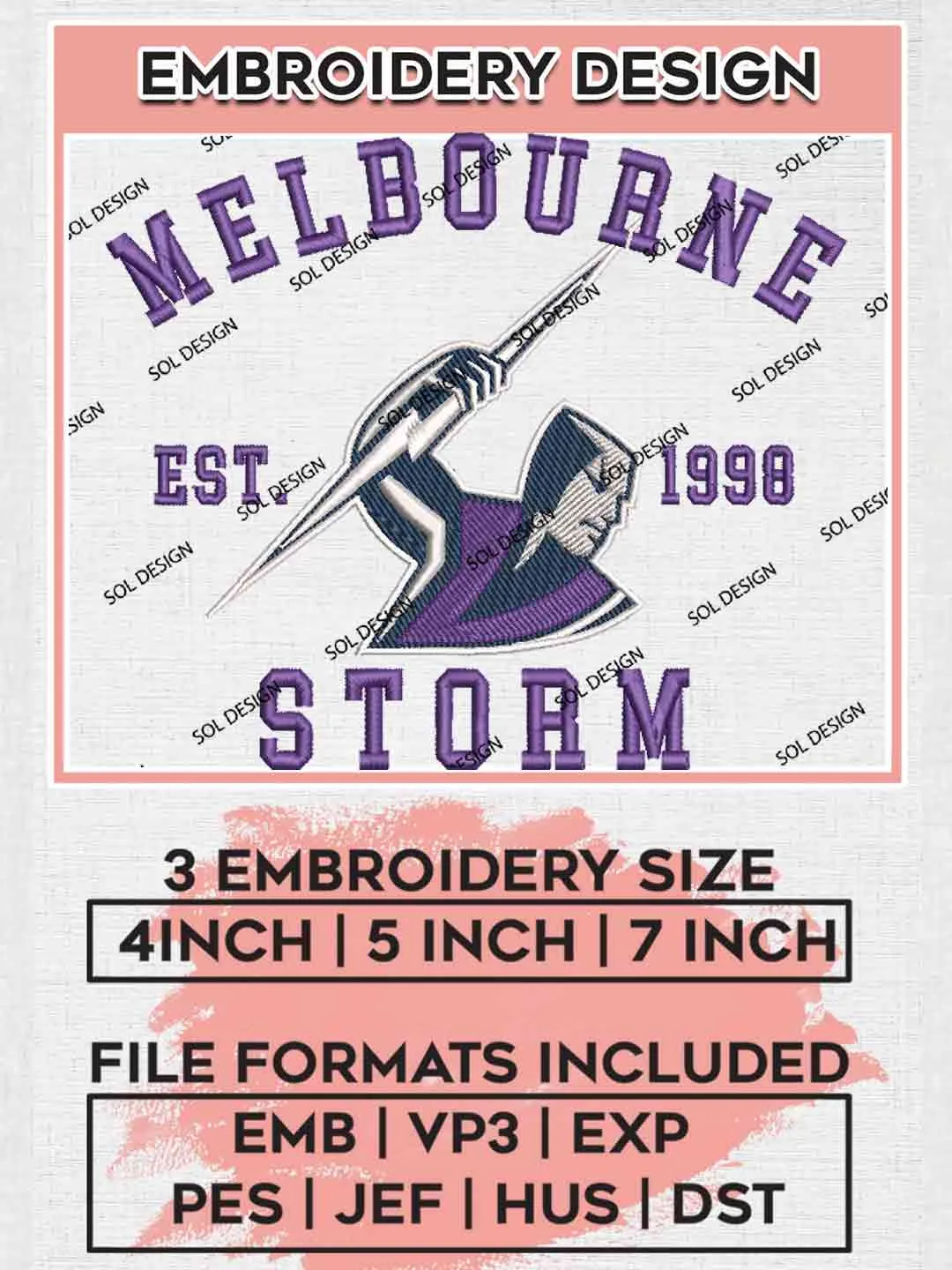 NRL Melbourne Storm Est 1998 Embroidery Design, National Rugby League Embroidery Design, Melbourne Storm Logo Embroidery Design,NRL Machine Embroidery Digitized Pes File,3 Sizes, Instant Download